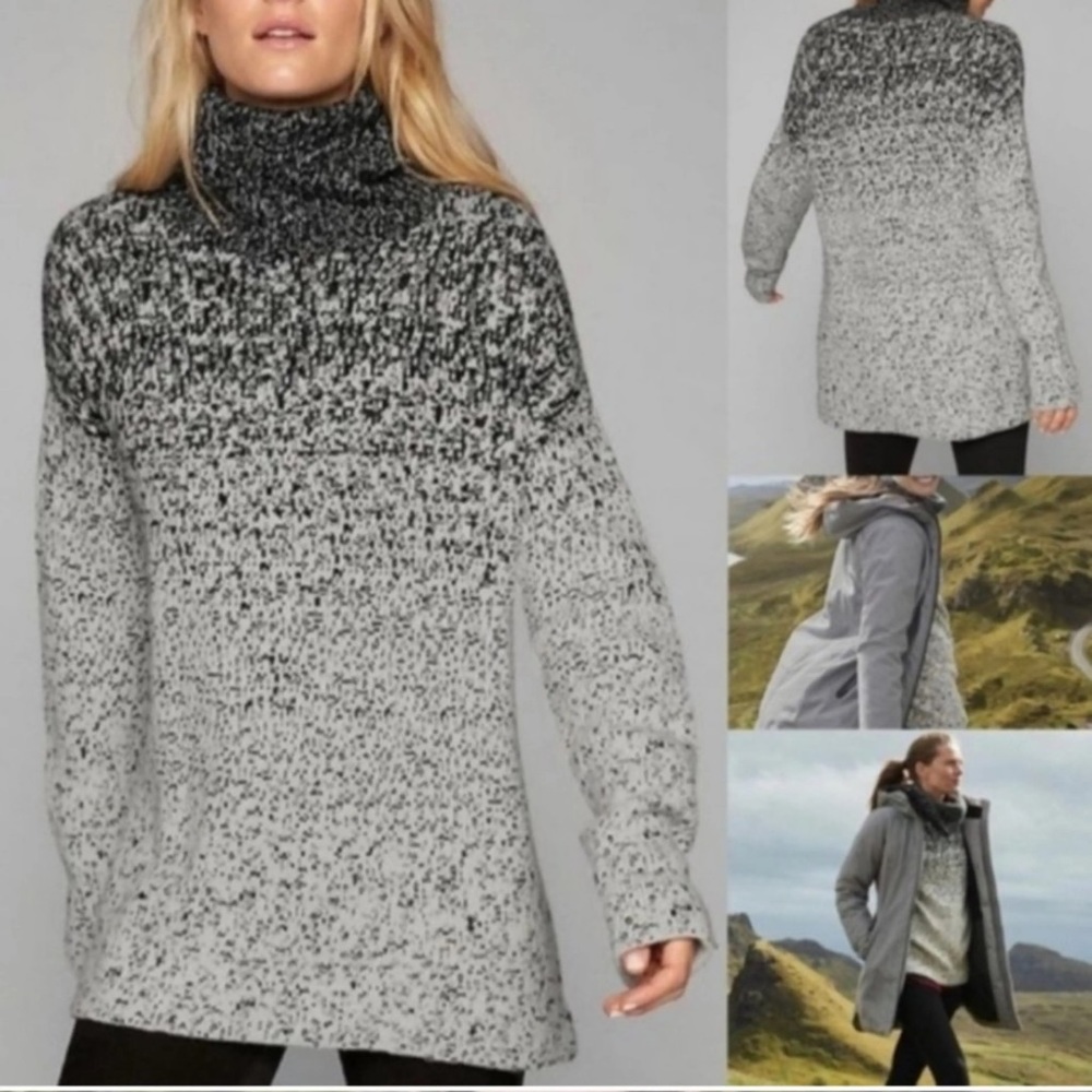 ⭐️ Athleta Marled Black Cream Cashmere Wool Blend Turtleneck Sweater SMALL - Picture 1 of 11